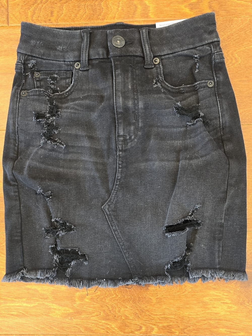 American Eagle Outfitters Distressed Black Denim Midi Skirt
